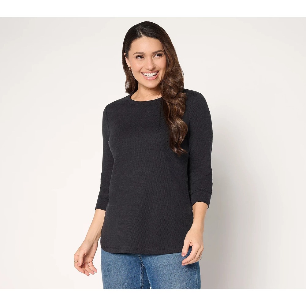 Denim & Co. Essentials Waffle Knit Round‎ Neck 3/4 Sleeve Top Black,sz 1X  #45E